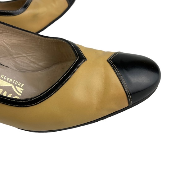 Vintage Salvatore Ferragamo Sling-back Black Tan Career Heels 8B Made In Italy - Picture 6 of 15